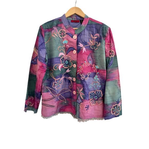 Carina Floral Embroidered Button Down Jacket Womens XL Fairy Cottagecore Rainbow - Picture 1 of 16